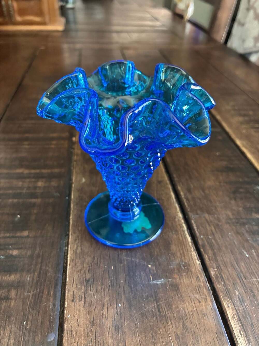 Vintage Fenton Colonial Blue Hobnail Ruffled Footed Vase 4"